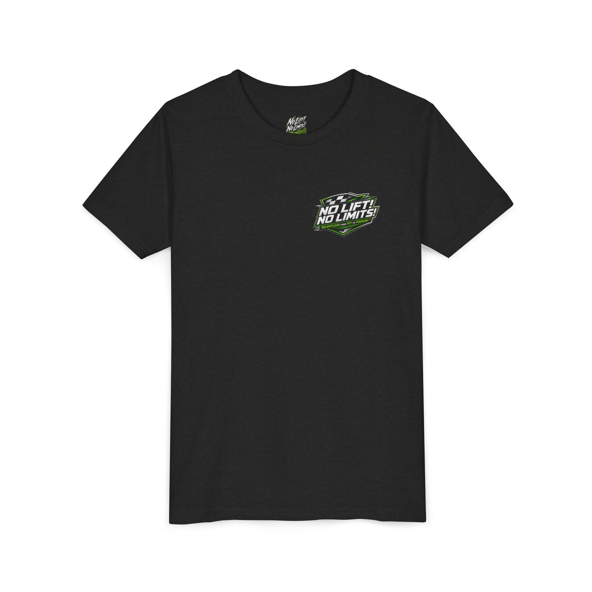 Youth Tee — "No Lift, No Limits" Green Go-Kart Racing Graphic