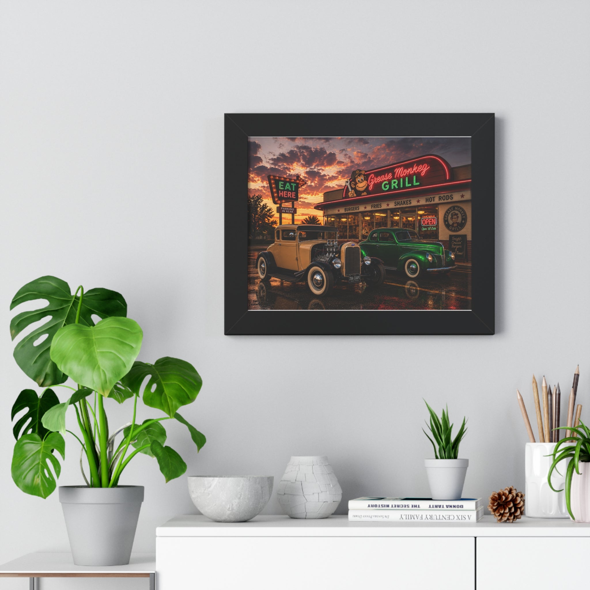 Vintage Diner Car Poster — Grease Monkey Grill Framed Horizontal Print