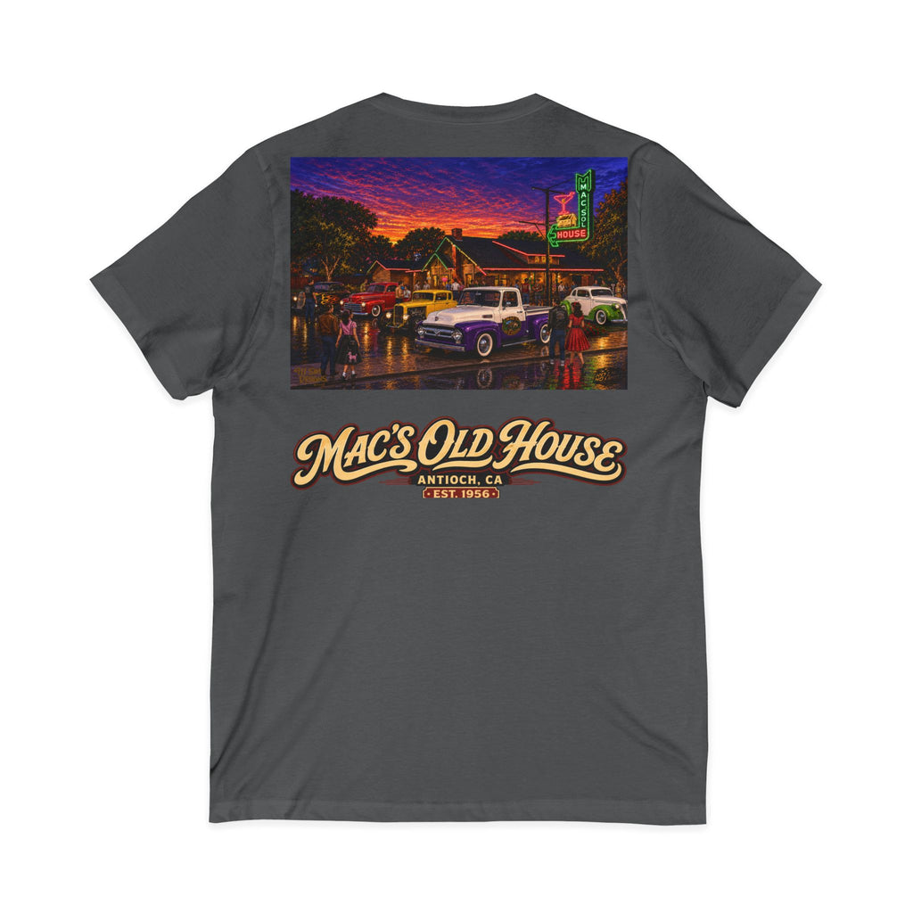 Mac's Old House V-Neck Tee — Retro Diner & Classic Cars Graphic Shirt