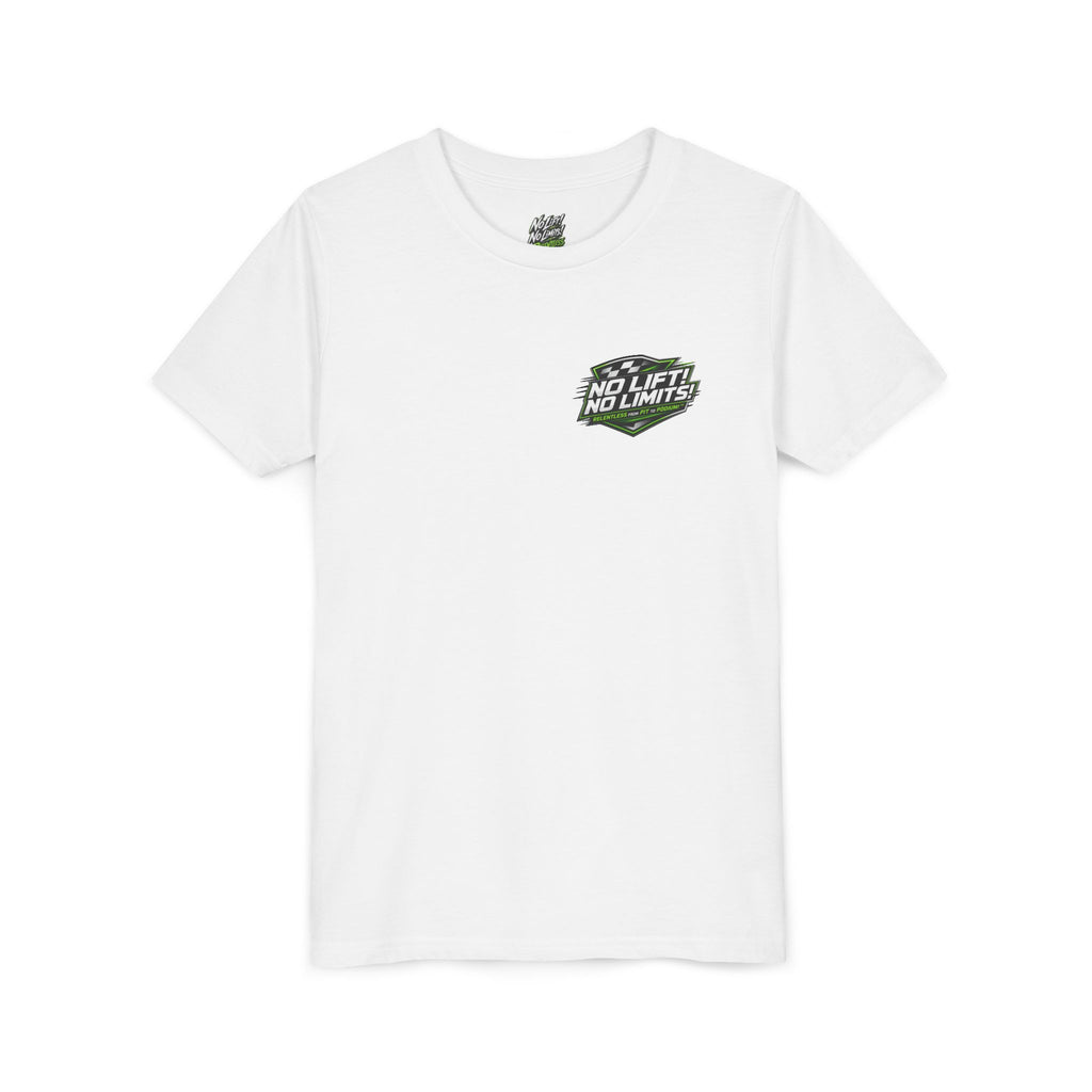Youth Tee — "No Lift, No Limits" Green Go-Kart Racing Graphic