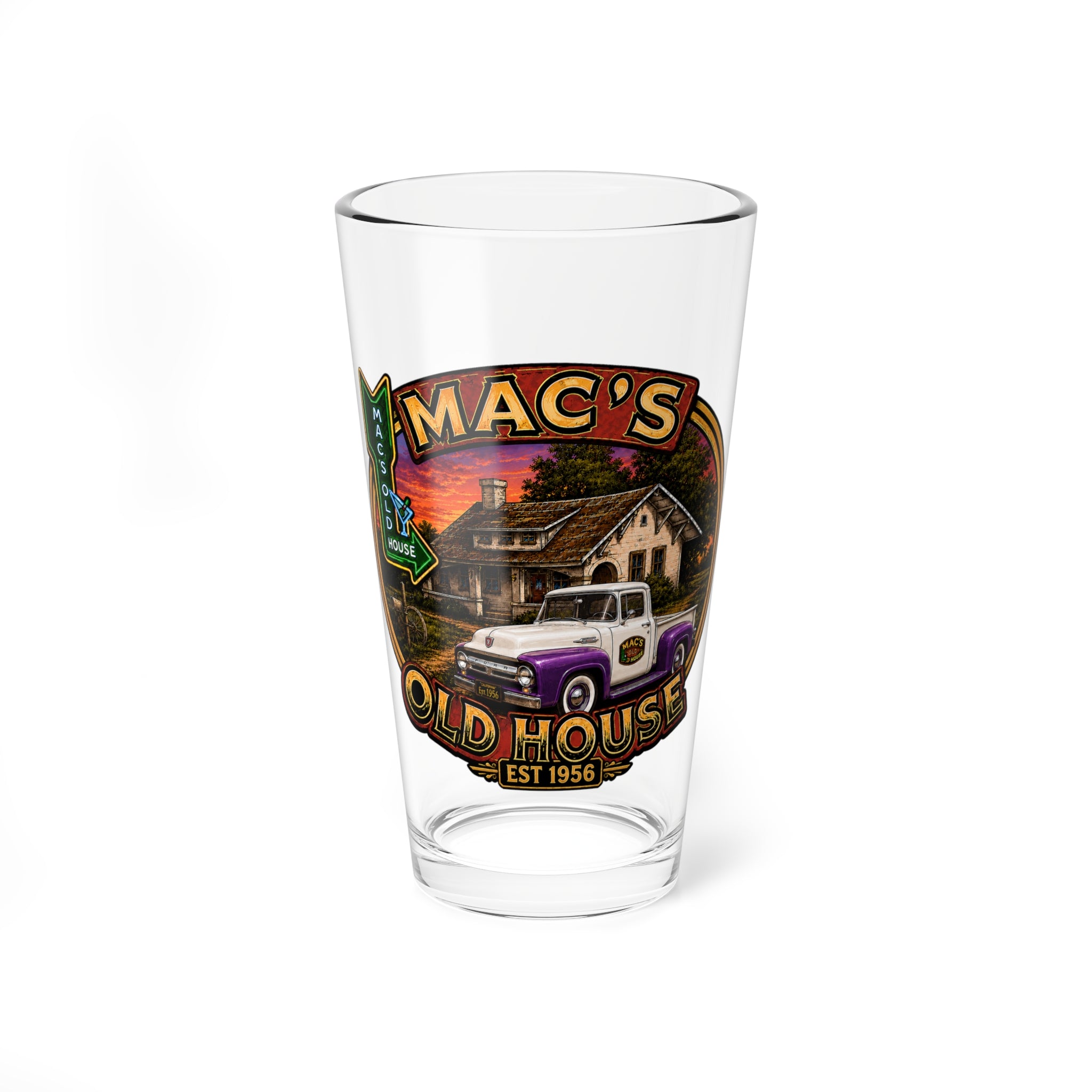 Mixing Glass - Mac’s Old House 16oz Pint Glass with Retro House