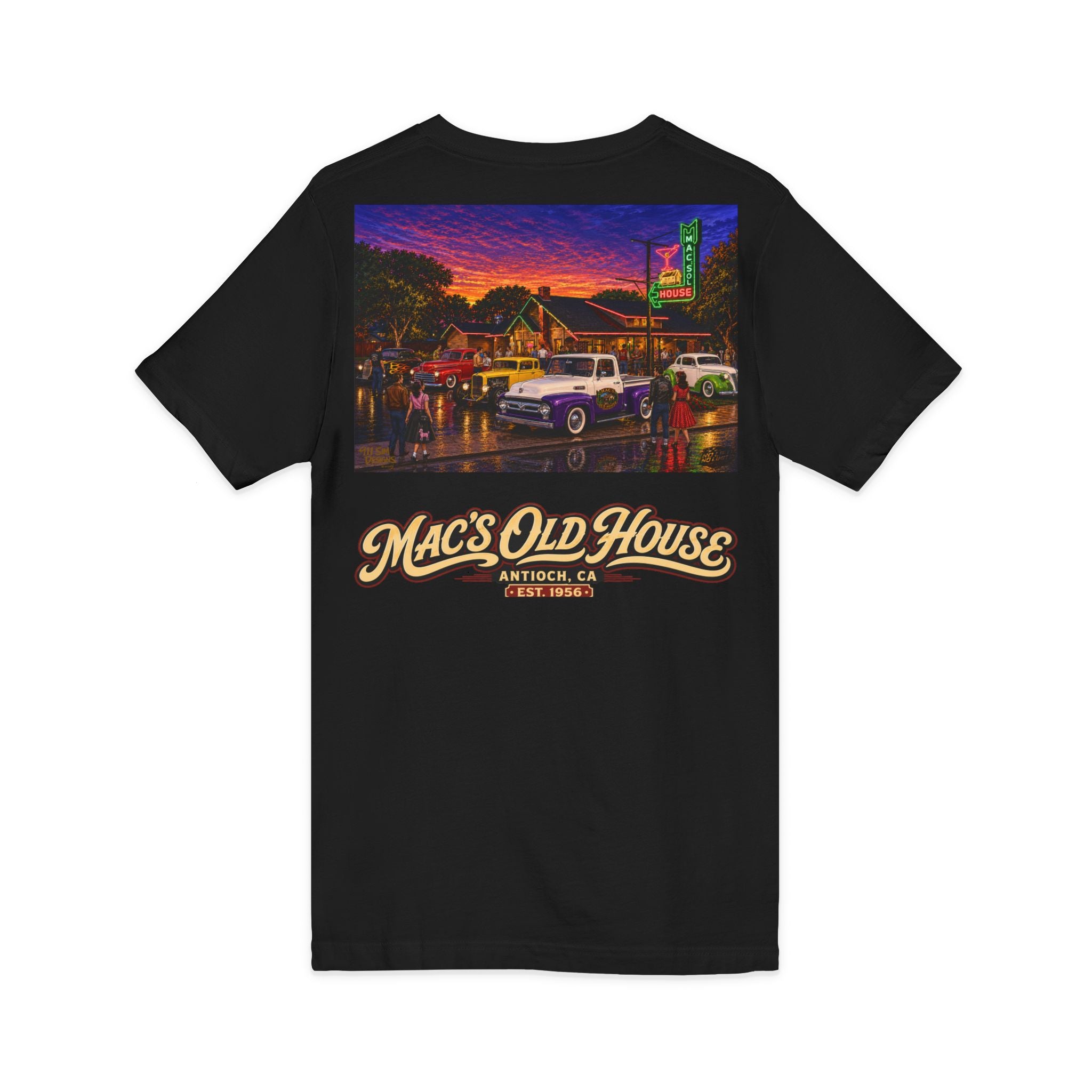 Mac's Old House V-Neck Tee — Retro Diner & Classic Cars Graphic Shirt