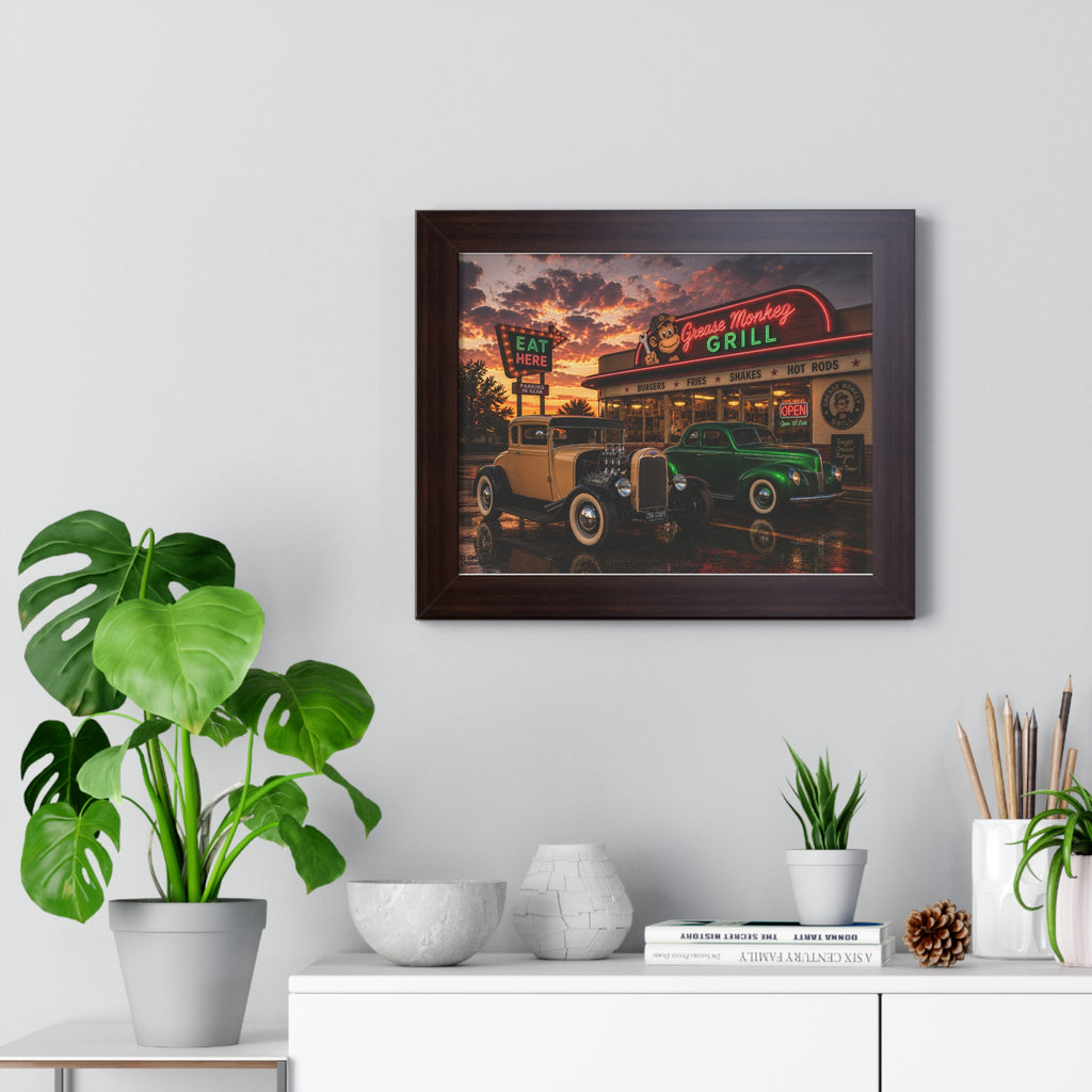 Vintage Diner Car Poster — Grease Monkey Grill Framed Horizontal Print