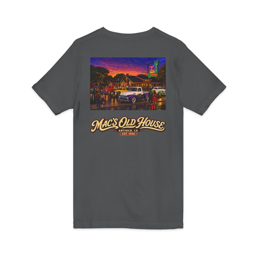 Mac's Old House V-Neck Tee — Retro Diner & Classic Cars Graphic Shirt