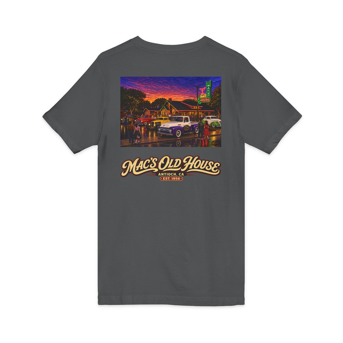 Mac's Old House V-Neck Tee — Retro Diner & Classic Cars Graphic Shirt