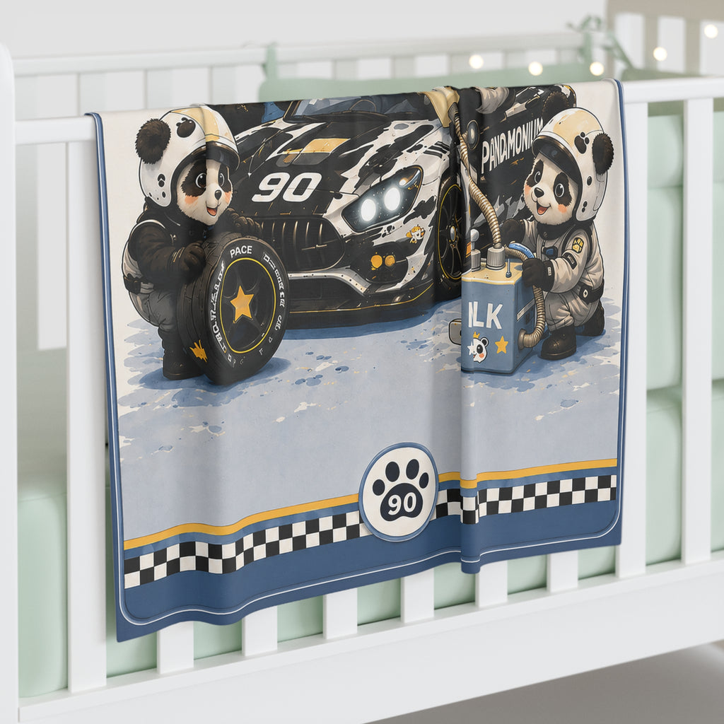 Baby Swaddle Blanket — "Milk Refill Pit Crew" Cute Racing Panda Newborn Wrap