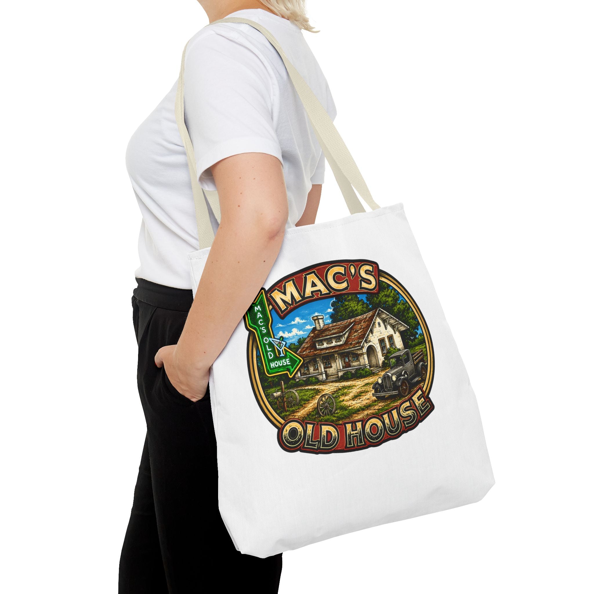 Mac's Old House Tote Bag — Vintage Route 66 Retro Diner Beach Town Carryall