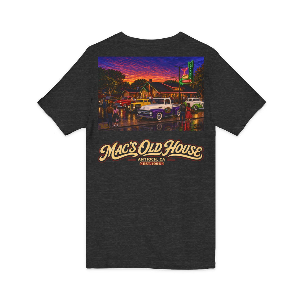 Mac's Old House V-Neck Tee — Retro Diner & Classic Cars Graphic Shirt