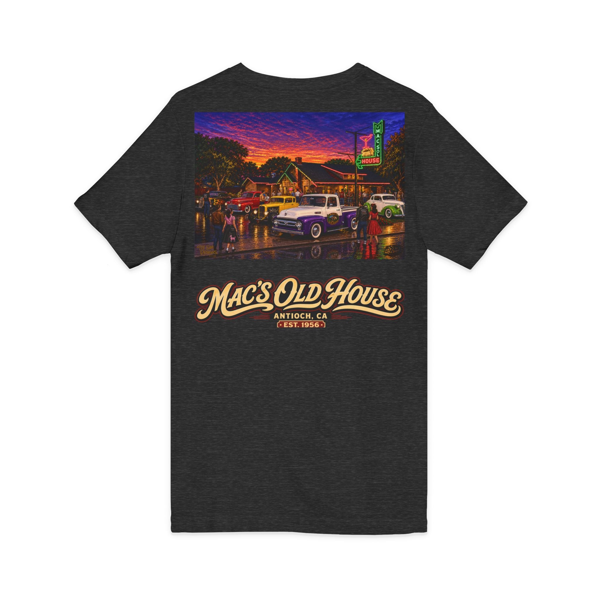Mac's Old House V-Neck Tee — Retro Diner & Classic Cars Graphic Shirt
