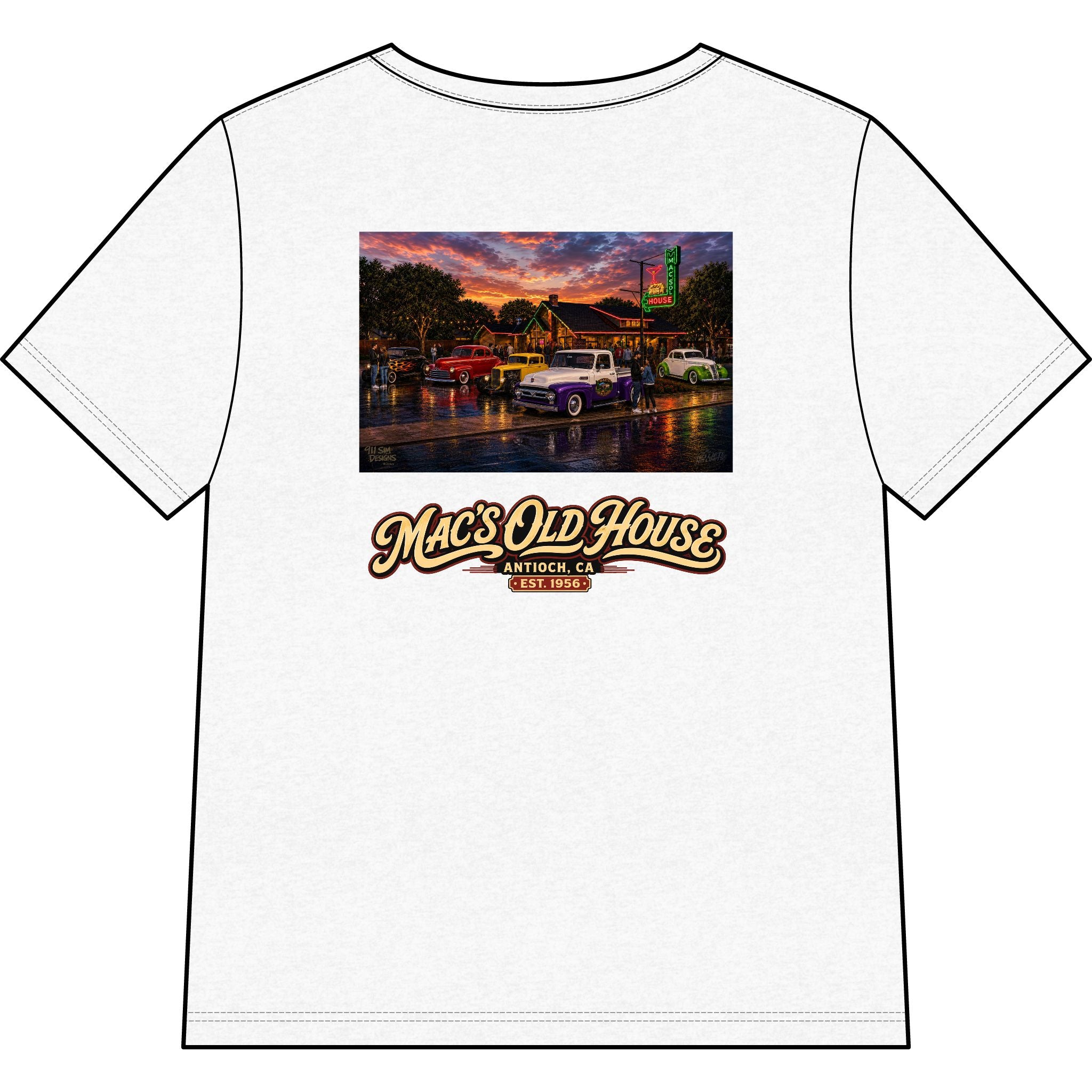 Mac’s Old House Vintage Car Tee — Classic Restaurant Logo V-Neck