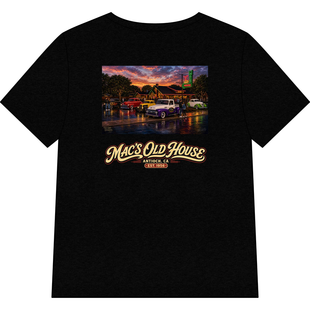 Mac’s Old House Vintage Car Tee — Classic Restaurant Logo V-Neck