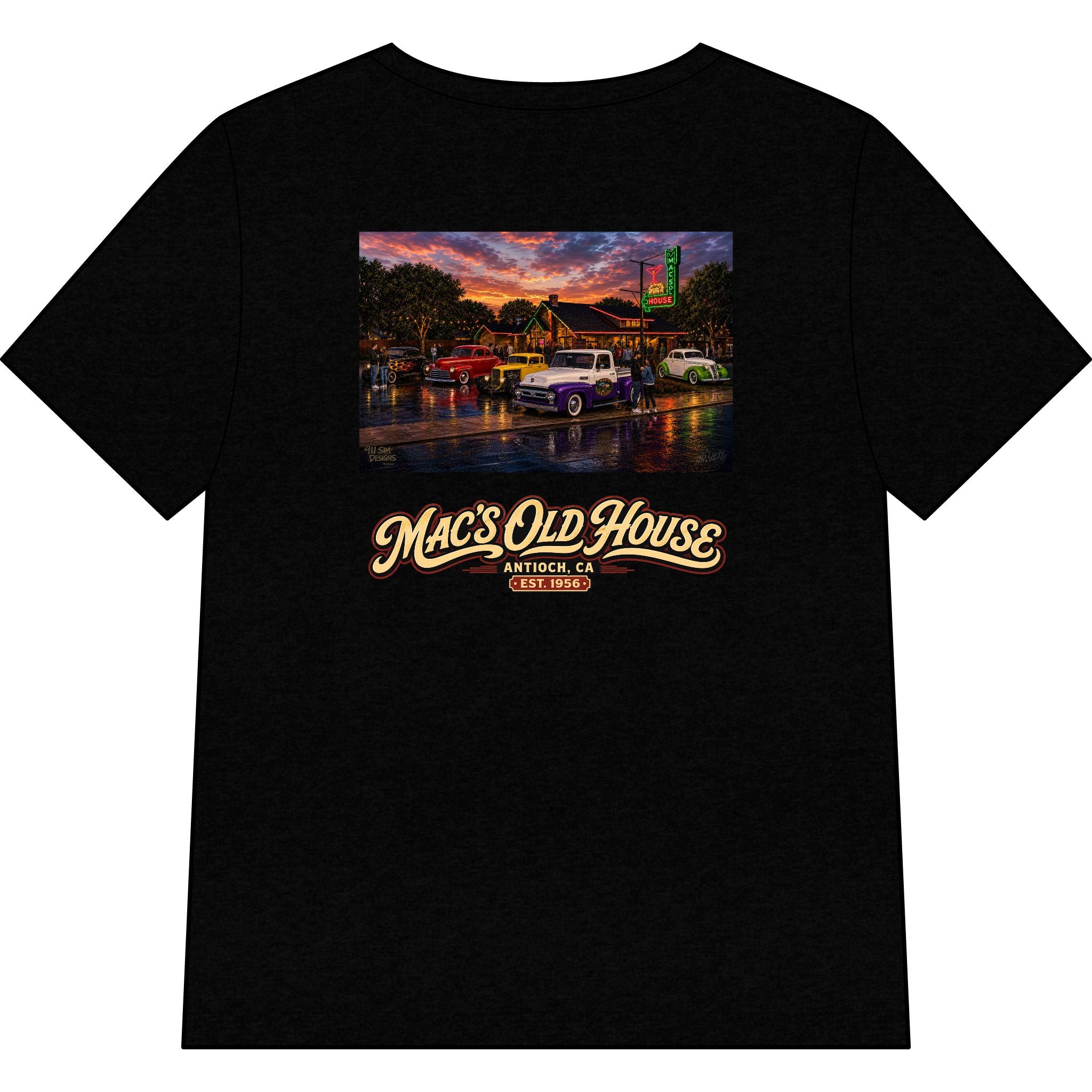 Mac’s Old House Vintage Car Tee — Classic Restaurant Logo V-Neck
