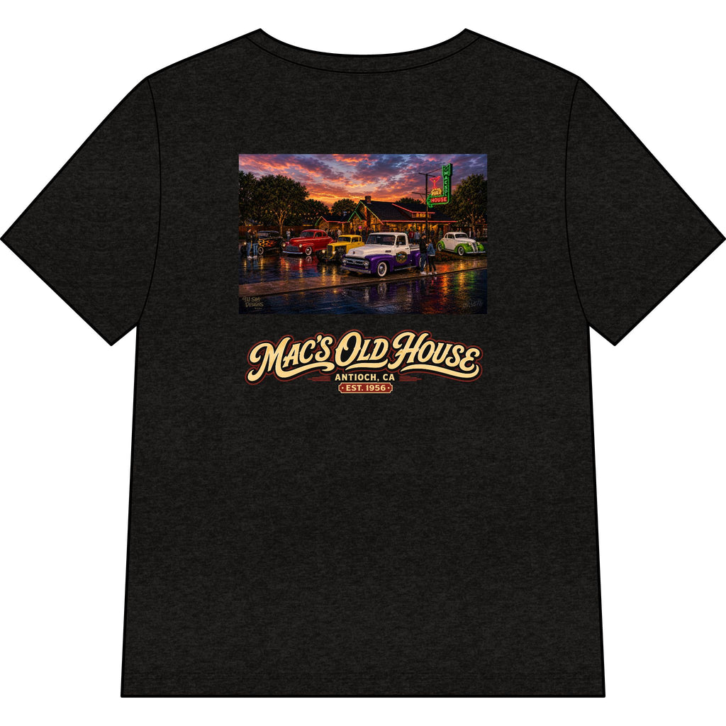 Mac’s Old House Vintage Car Tee — Classic Restaurant Logo V-Neck