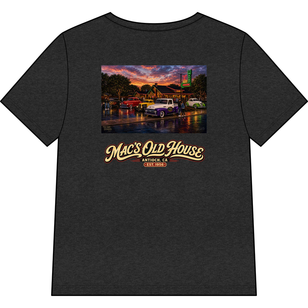 Mac’s Old House Vintage Car Tee — Classic Restaurant Logo V-Neck