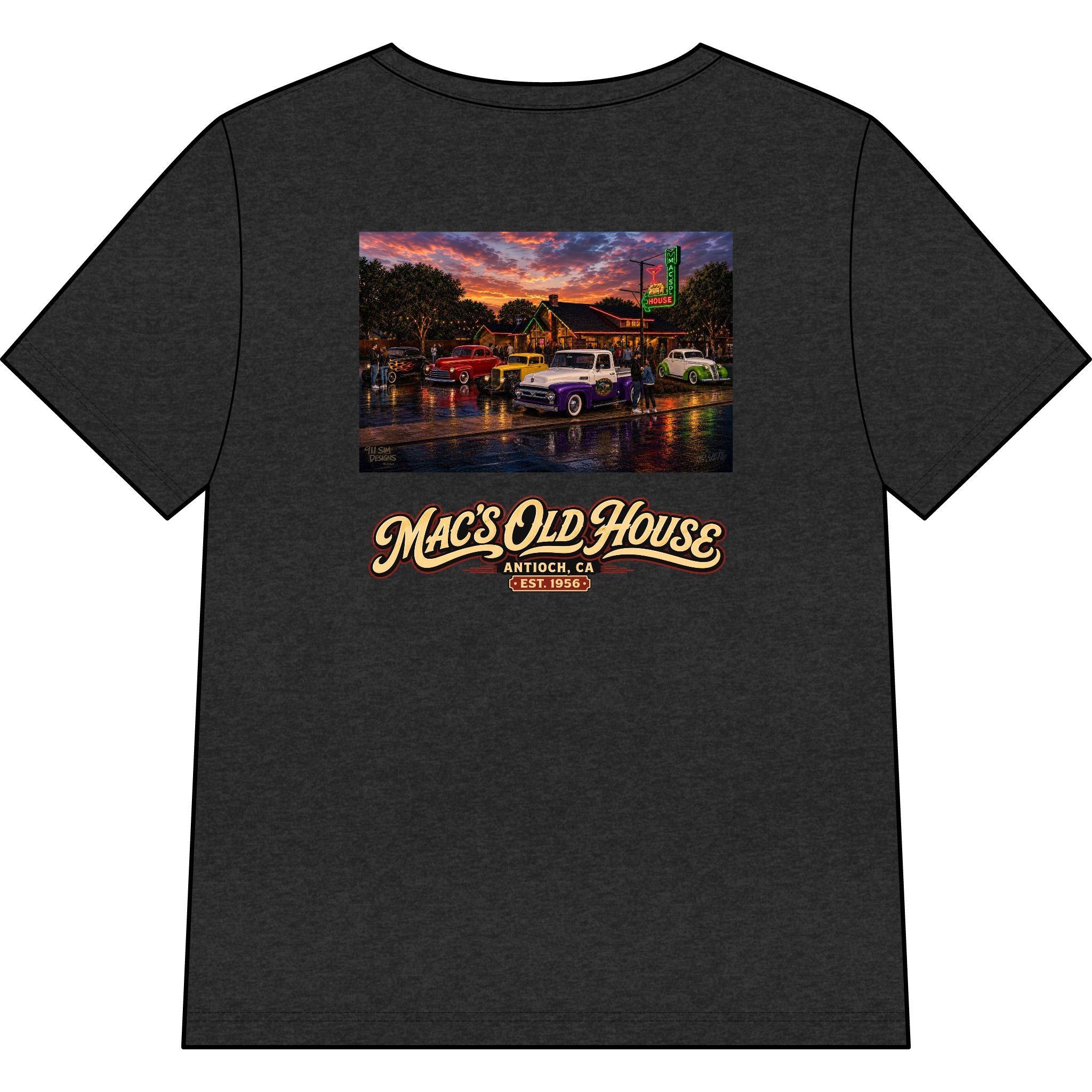Mac’s Old House Vintage Car Tee — Classic Restaurant Logo V-Neck