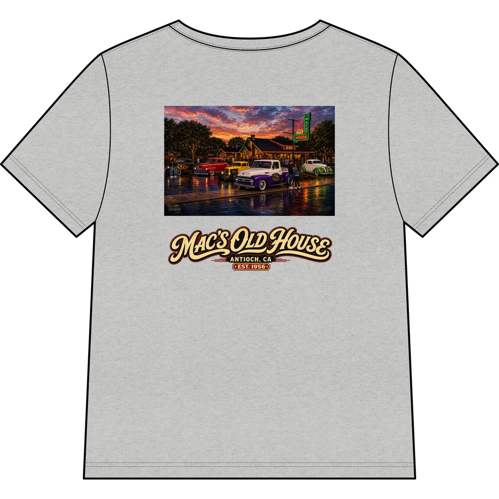 Mac’s Old House Vintage Car Tee — Classic Restaurant Logo V-Neck