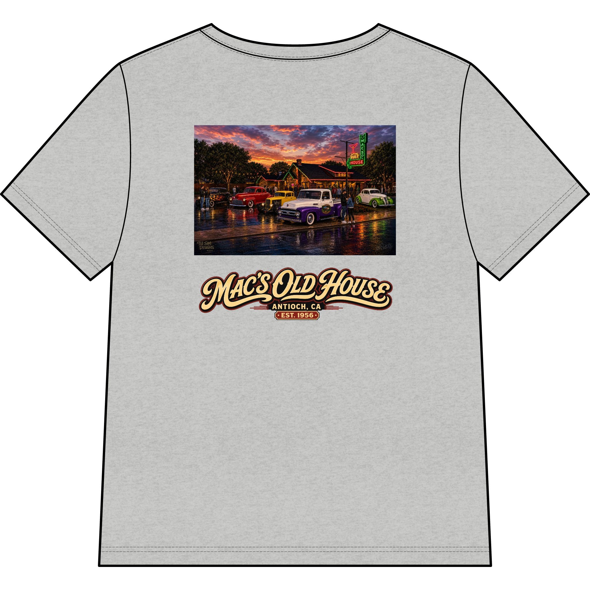 Mac’s Old House Vintage Car Tee — Classic Restaurant Logo V-Neck