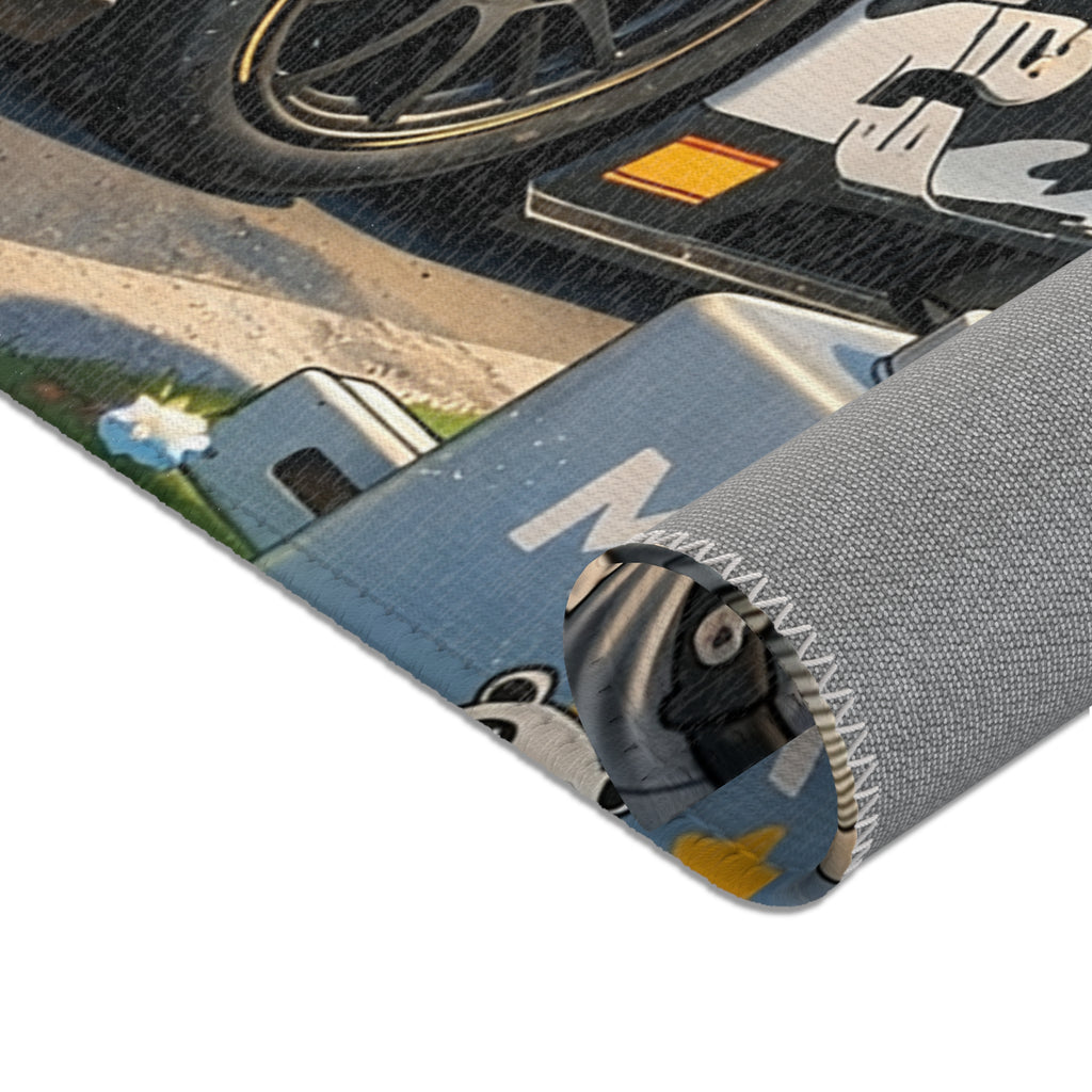 Panda Pit Crew Area Rug — Cute Racing Scene Floor Mat