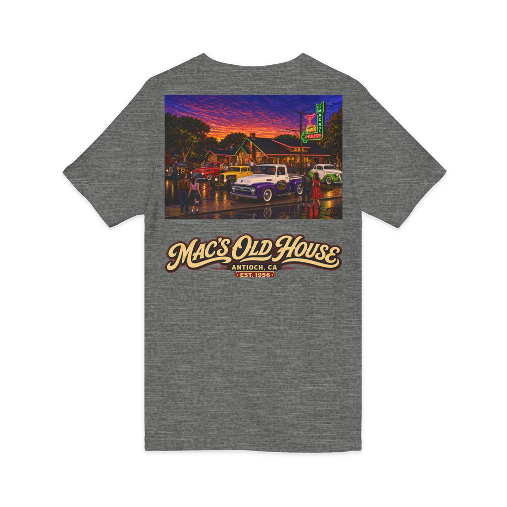 Mac's Old House V-Neck Tee — Retro Diner & Classic Cars Graphic Shirt