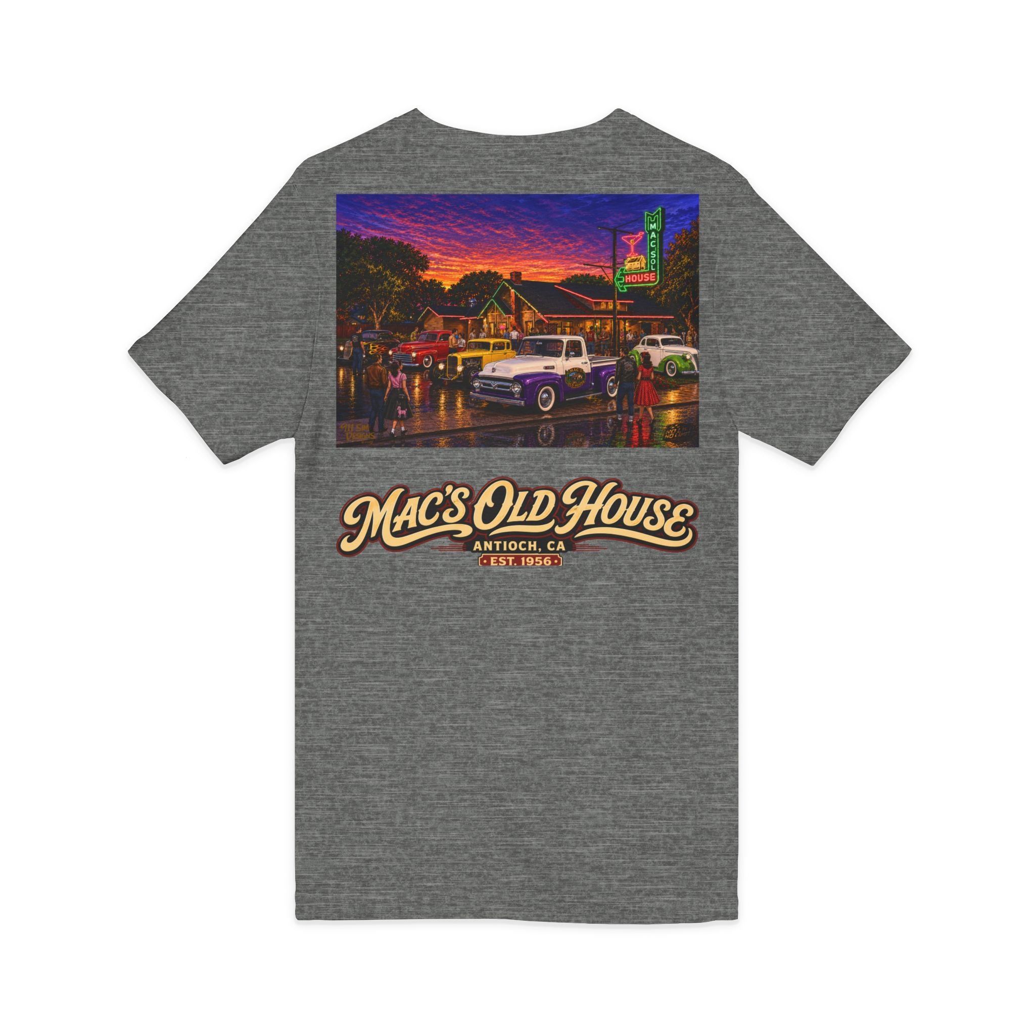 Mac's Old House V-Neck Tee — Retro Diner & Classic Cars Graphic Shirt