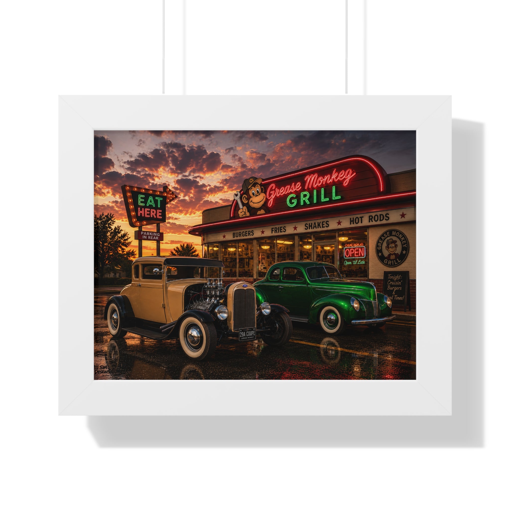 Vintage Diner Car Poster — Grease Monkey Grill Framed Horizontal Print