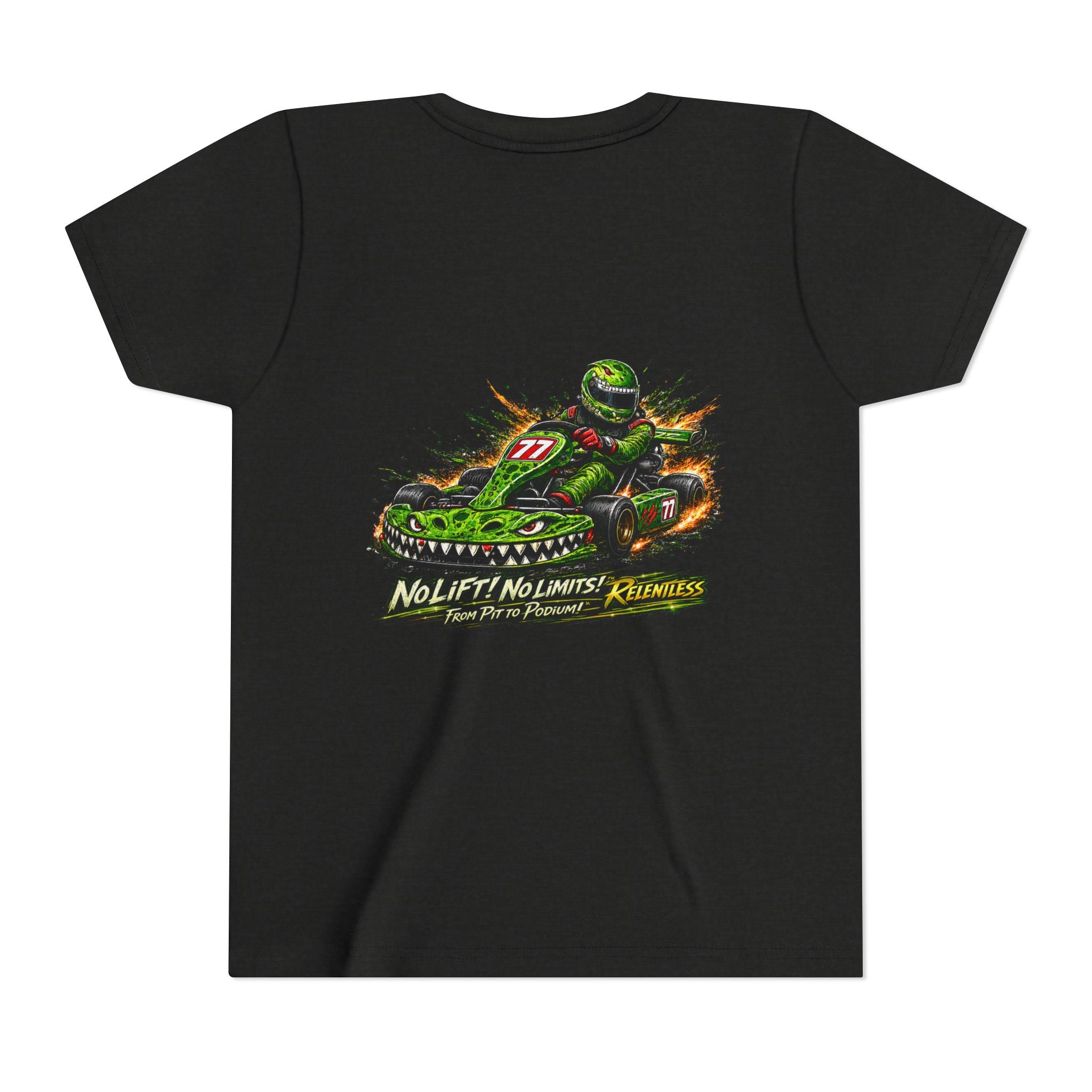 Youth Tee — "No Lift, No Limits" Green Go-Kart Racing Graphic