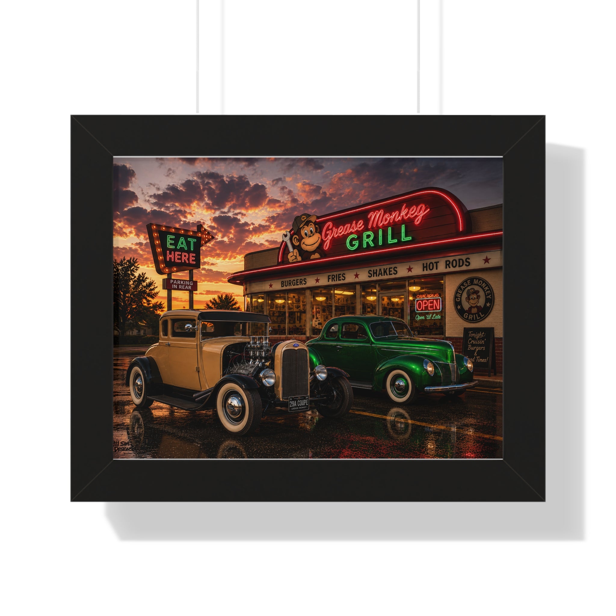 Vintage Diner Car Poster — Grease Monkey Grill Framed Horizontal Print
