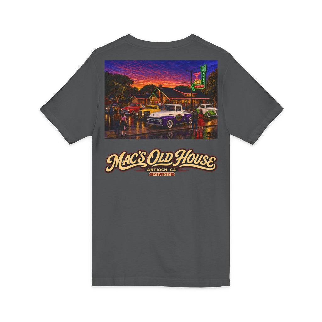Mac's Old House V-Neck Tee — Retro Diner & Classic Cars Graphic Shirt