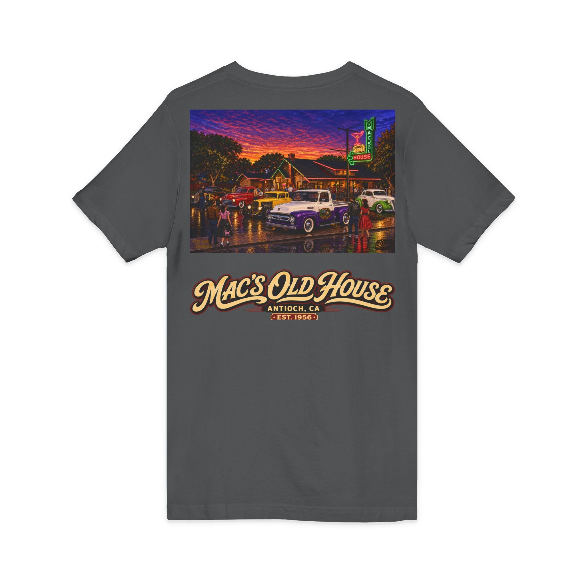 Mac's Old House V-Neck Tee — Retro Diner & Classic Cars Graphic Shirt