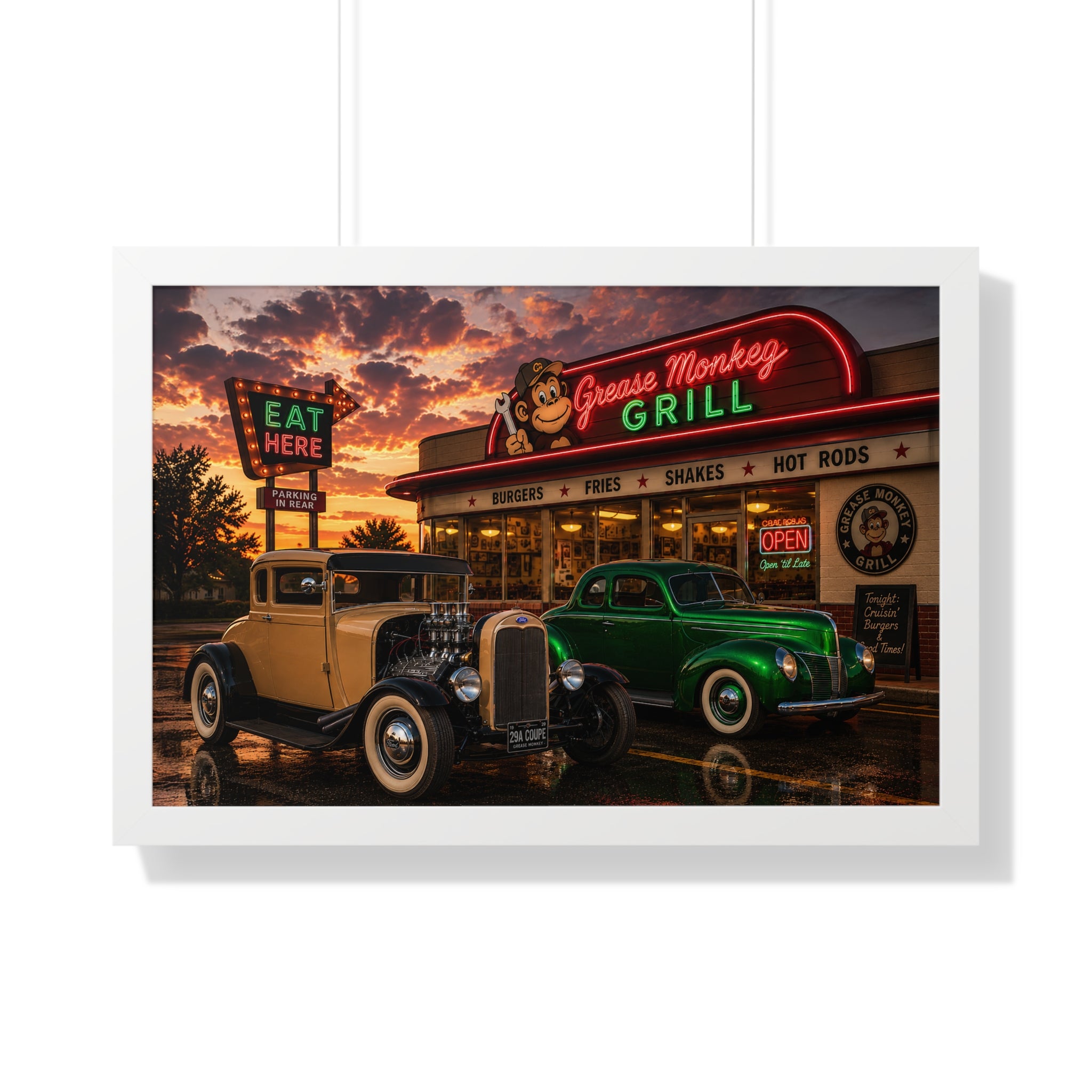 Vintage Diner Car Poster — Grease Monkey Grill Framed Horizontal Print