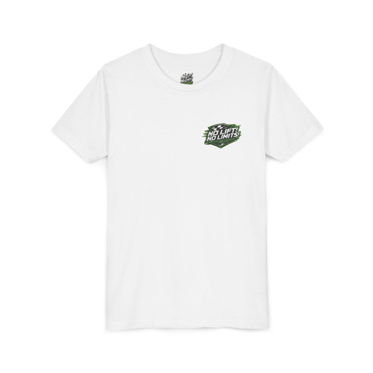 Youth Tee — "No Lift, No Limits" Green Go-Kart Racing Graphic