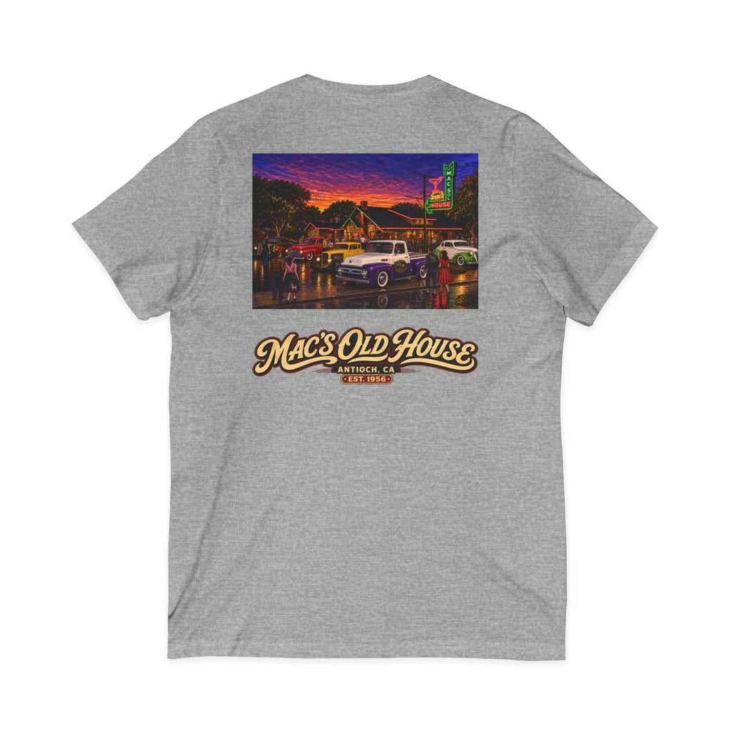 Mac's Old House V-Neck Tee — Retro Diner & Classic Cars Graphic Shirt