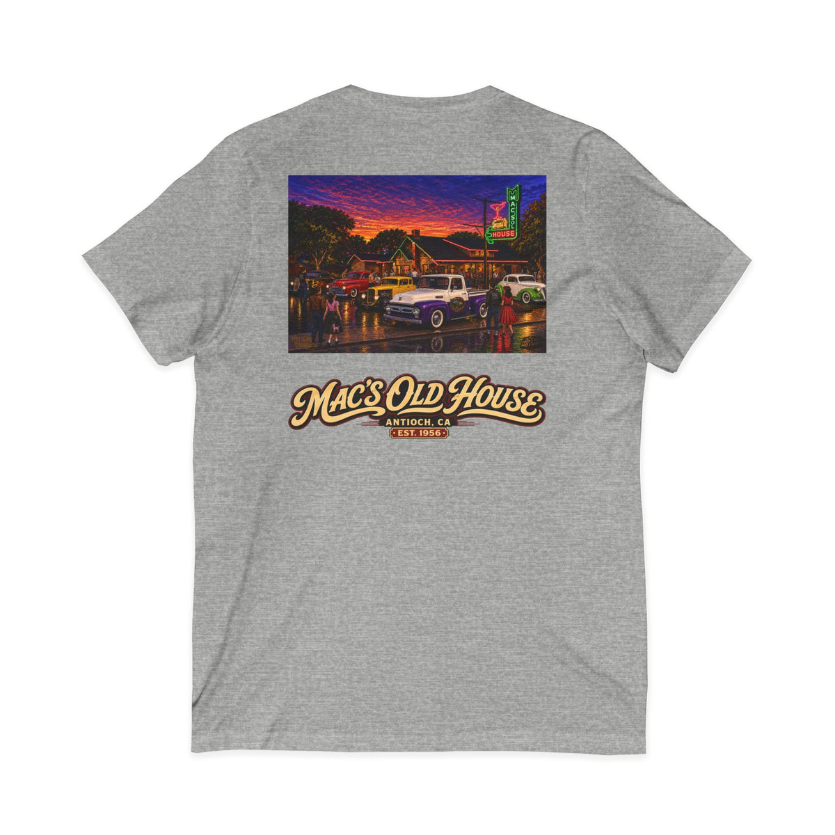 Mac's Old House V-Neck Tee — Retro Diner & Classic Cars Graphic Shirt