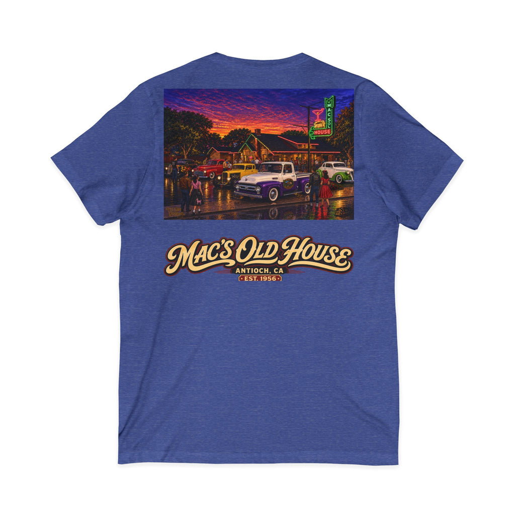 Mac's Old House V-Neck Tee — Retro Diner & Classic Cars Graphic Shirt