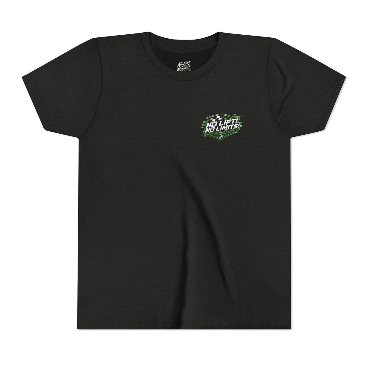 Youth Tee — "No Lift, No Limits" Green Go-Kart Racing Graphic