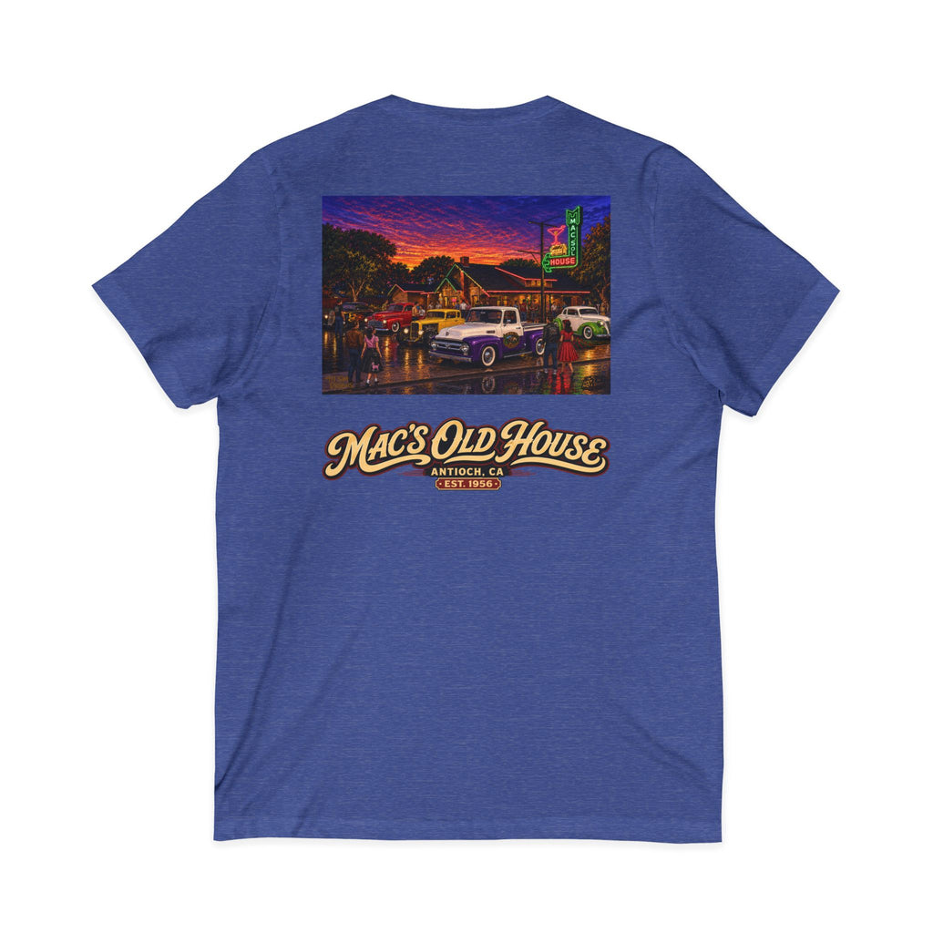 Mac's Old House V-Neck Tee — Retro Diner & Classic Cars Graphic Shirt