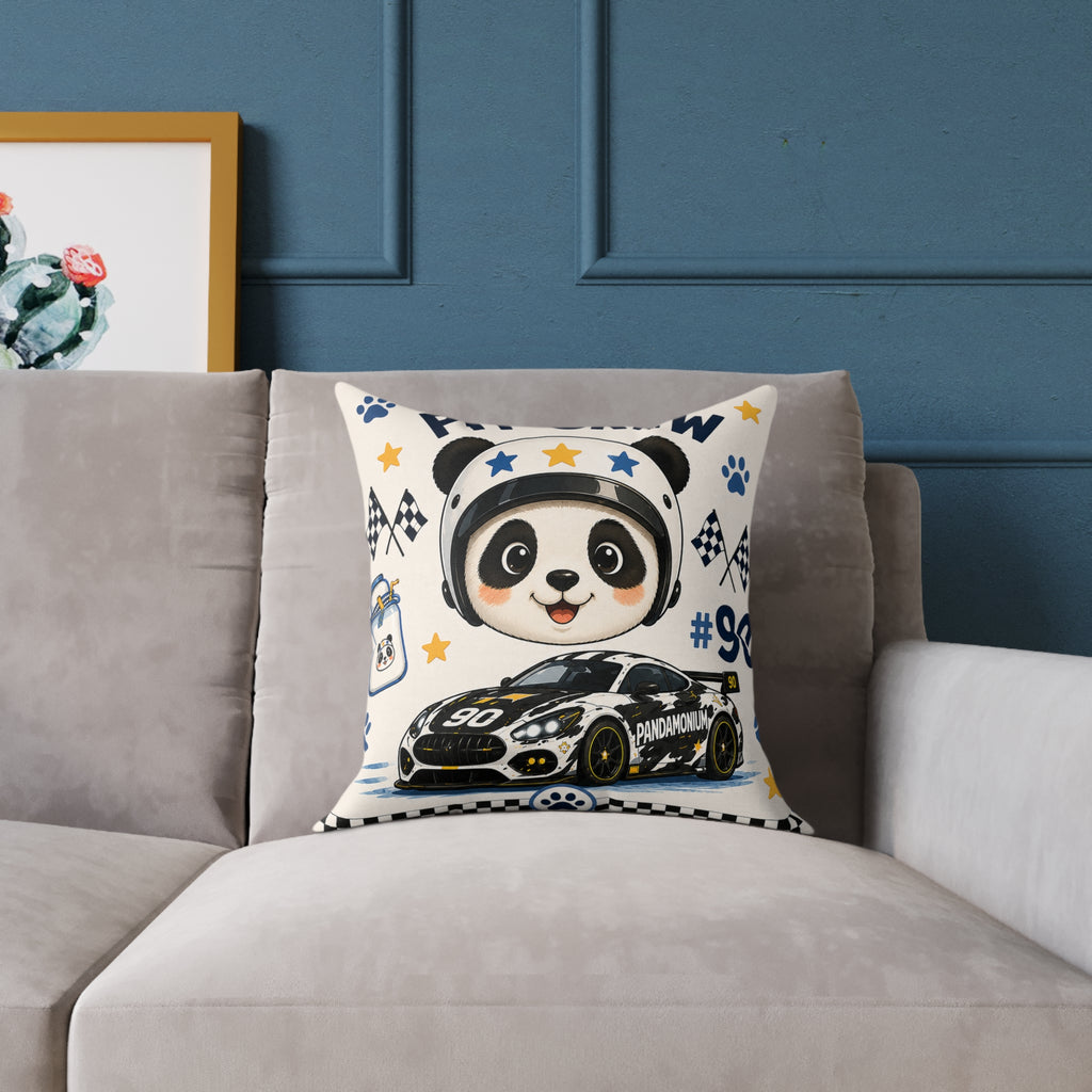 Racing Panda Pit Crew Square Pillow — Cute Car Fan Decorative Throw Pillow