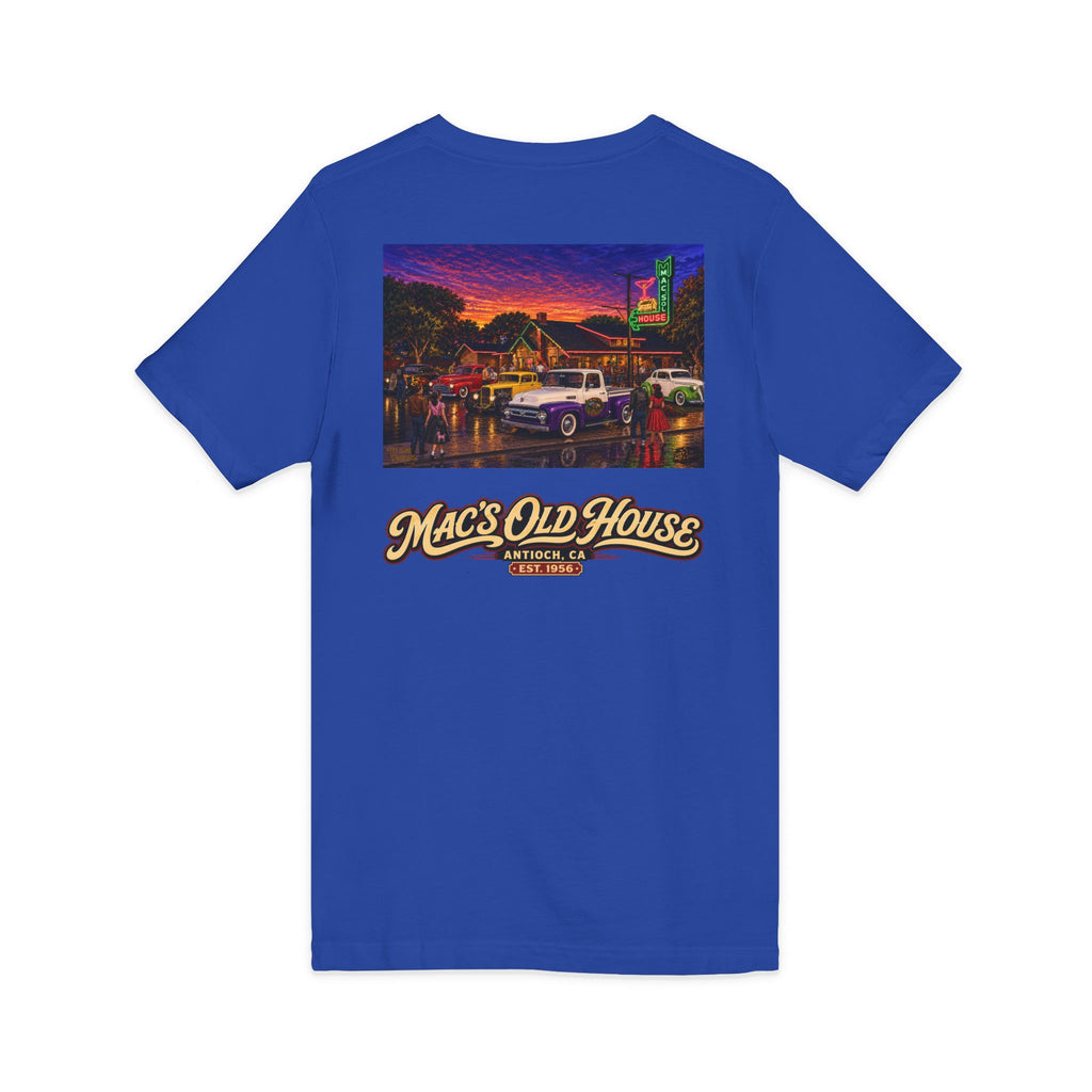 Mac's Old House V-Neck Tee — Retro Diner & Classic Cars Graphic Shirt