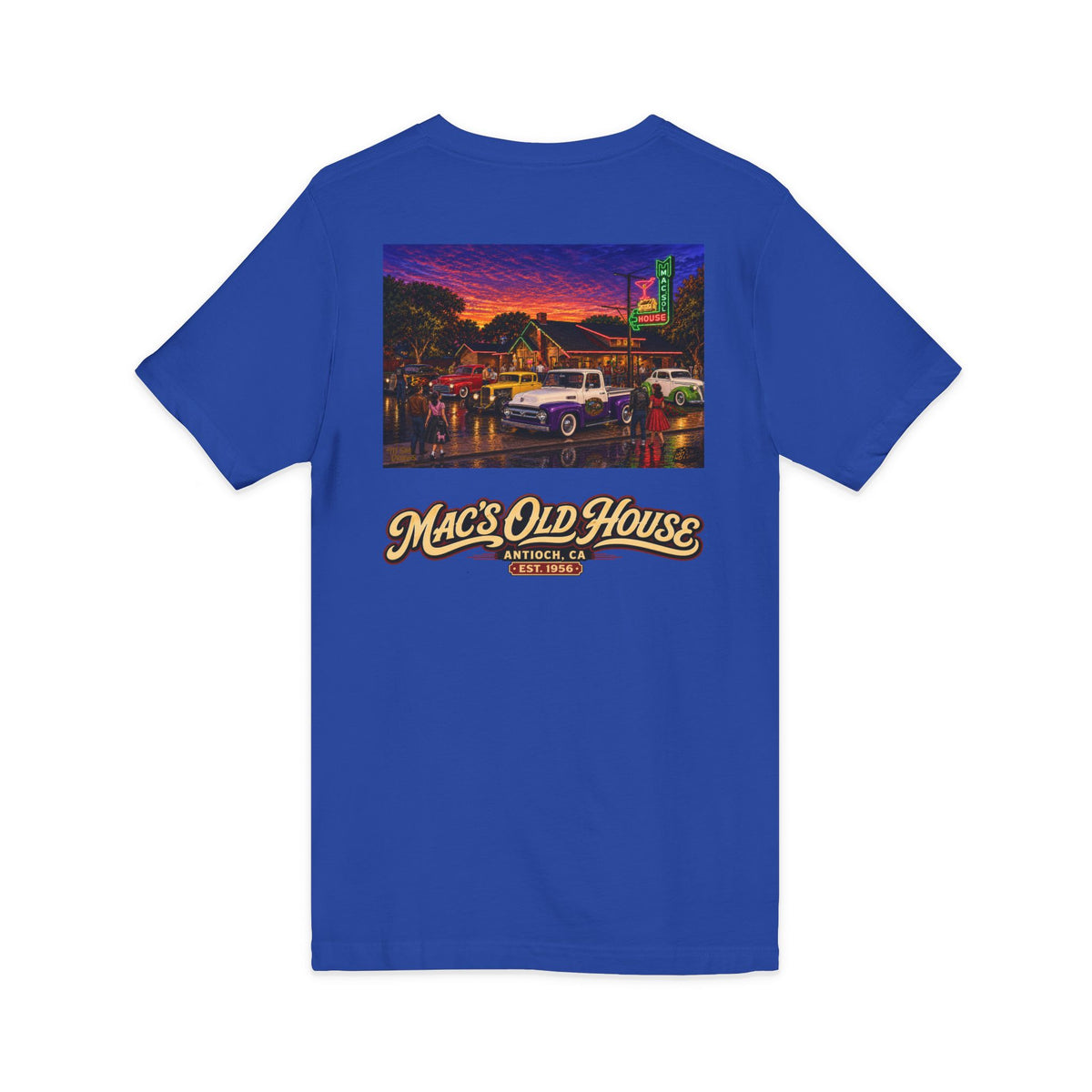 Mac's Old House V-Neck Tee — Retro Diner & Classic Cars Graphic Shirt