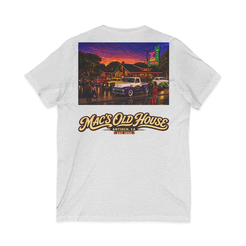 Mac's Old House V-Neck Tee — Retro Diner & Classic Cars Graphic Shirt