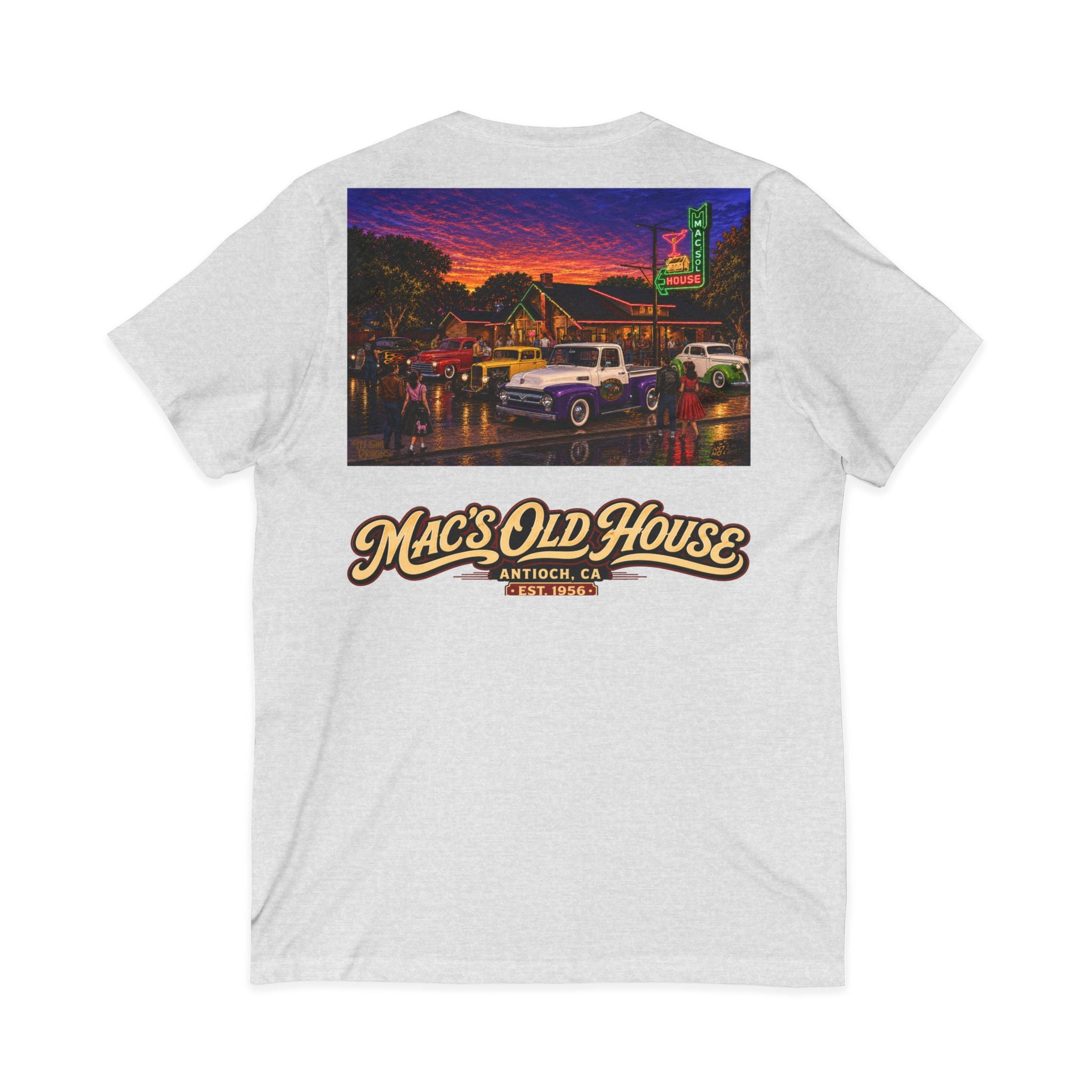 Mac's Old House V-Neck Tee — Retro Diner & Classic Cars Graphic Shirt