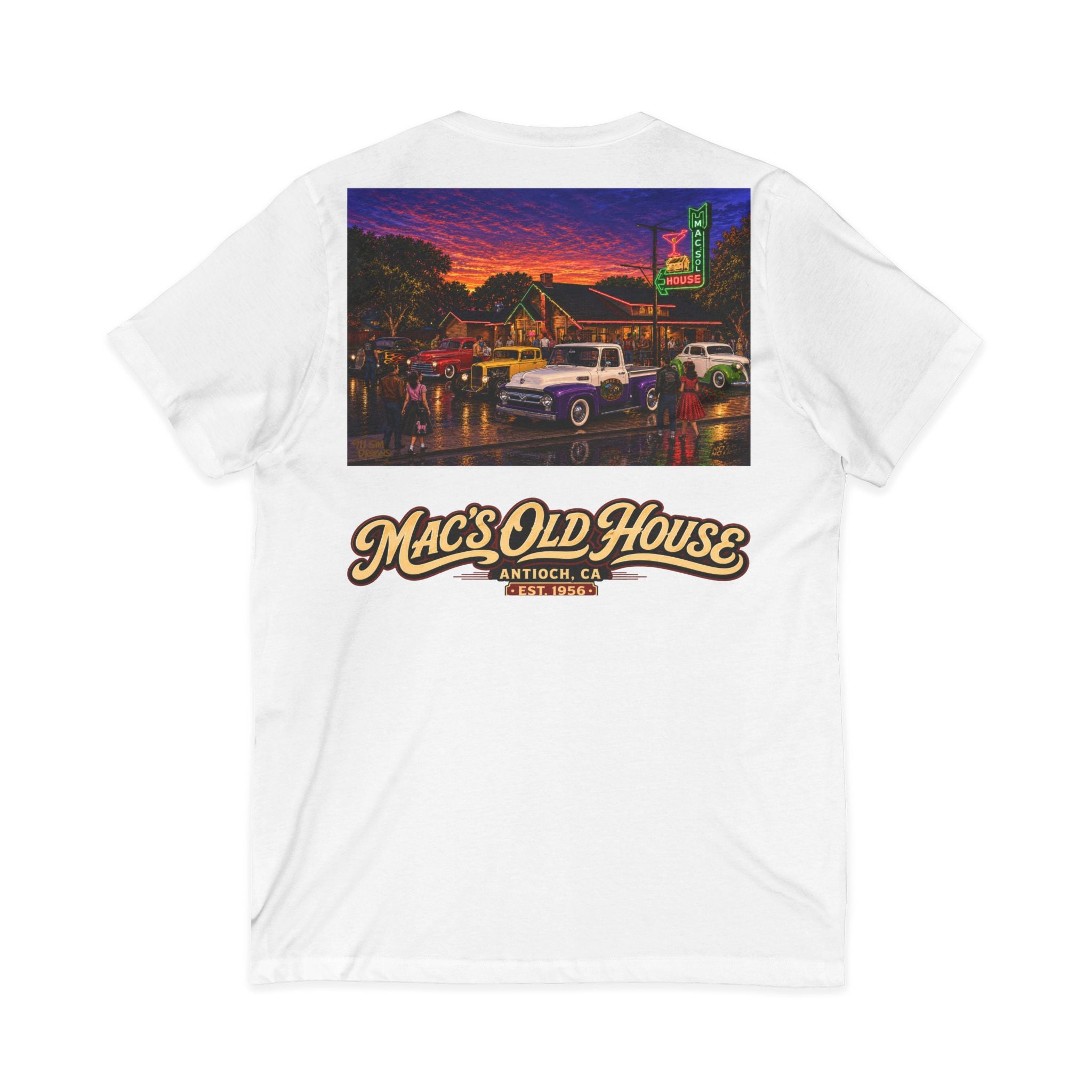 Mac's Old House V-Neck Tee — Retro Diner & Classic Cars Graphic Shirt