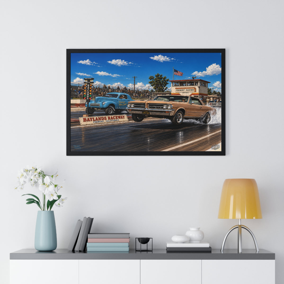 Drag Race Vintage Poster — Horizontal Framed Poster | Baylands Raceway Classic Cars Print