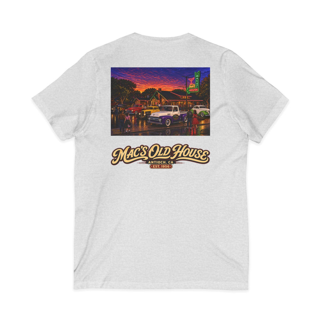 Mac's Old House V-Neck Tee — Retro Diner & Classic Cars Graphic Shirt