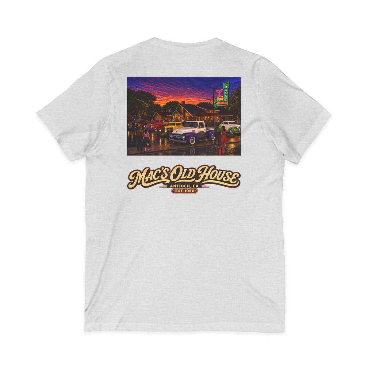 Mac's Old House V-Neck Tee — Retro Diner & Classic Cars Graphic Shirt