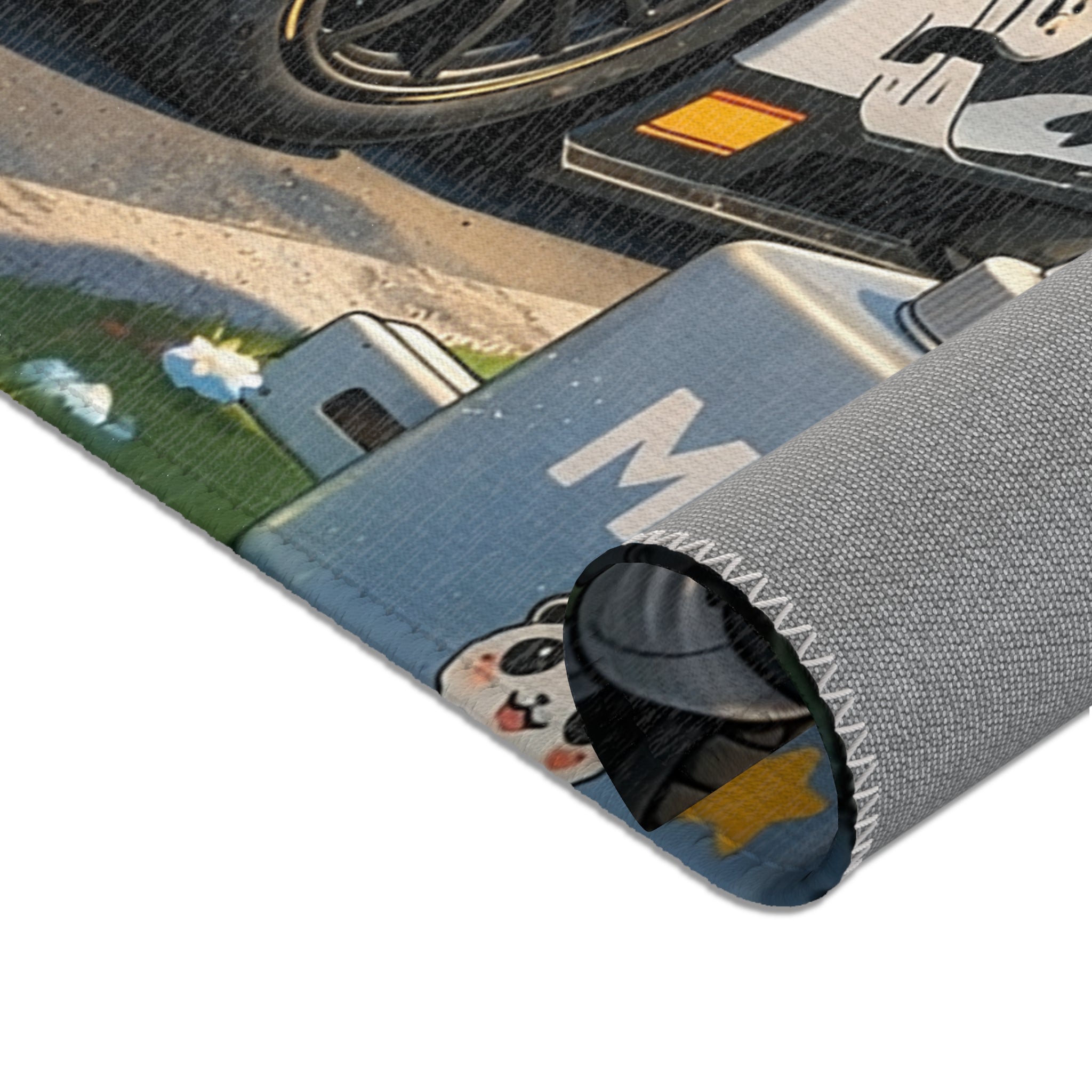 Panda Pit Crew Area Rug — Cute Racing Scene Floor Mat