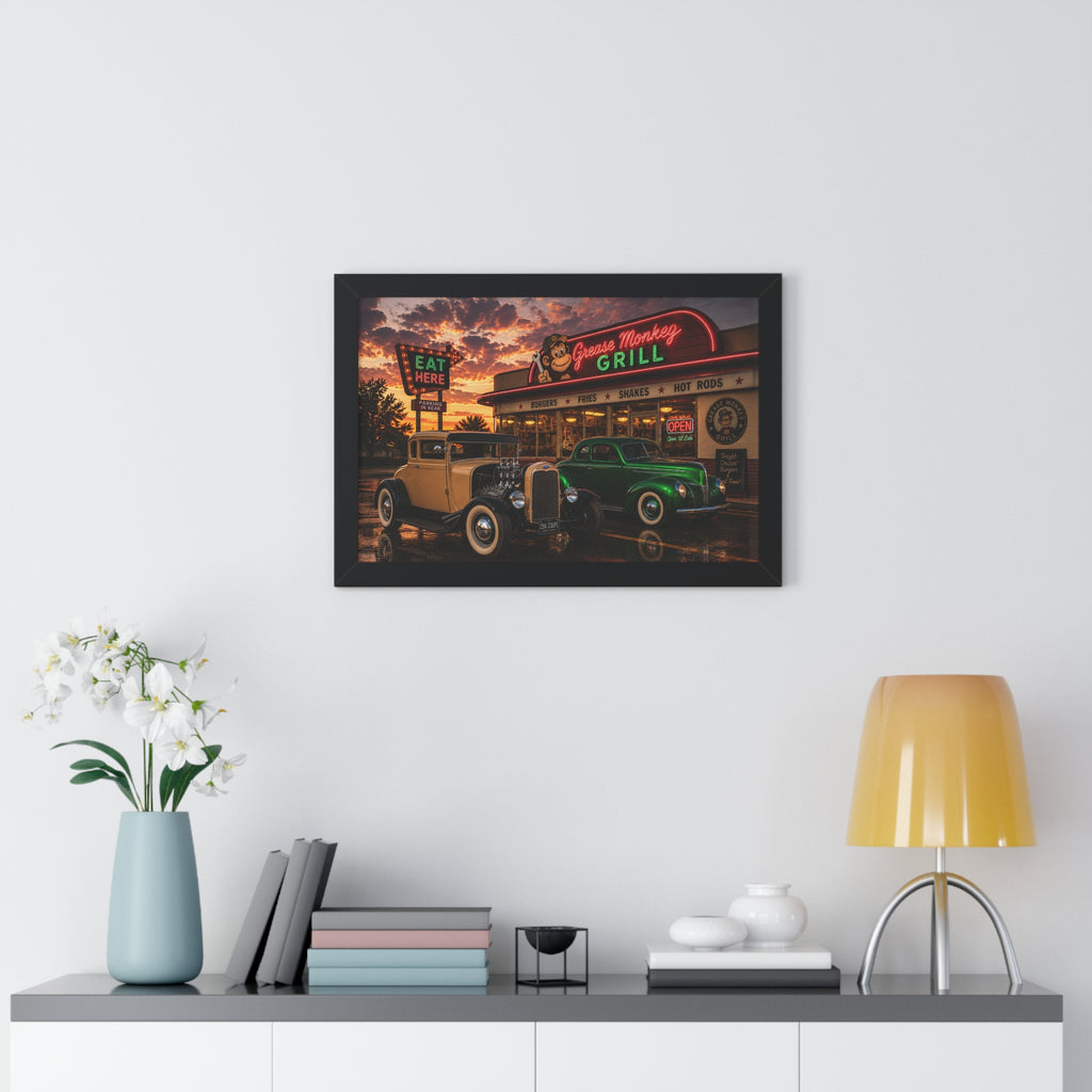 Vintage Diner Car Poster — Grease Monkey Grill Framed Horizontal Print