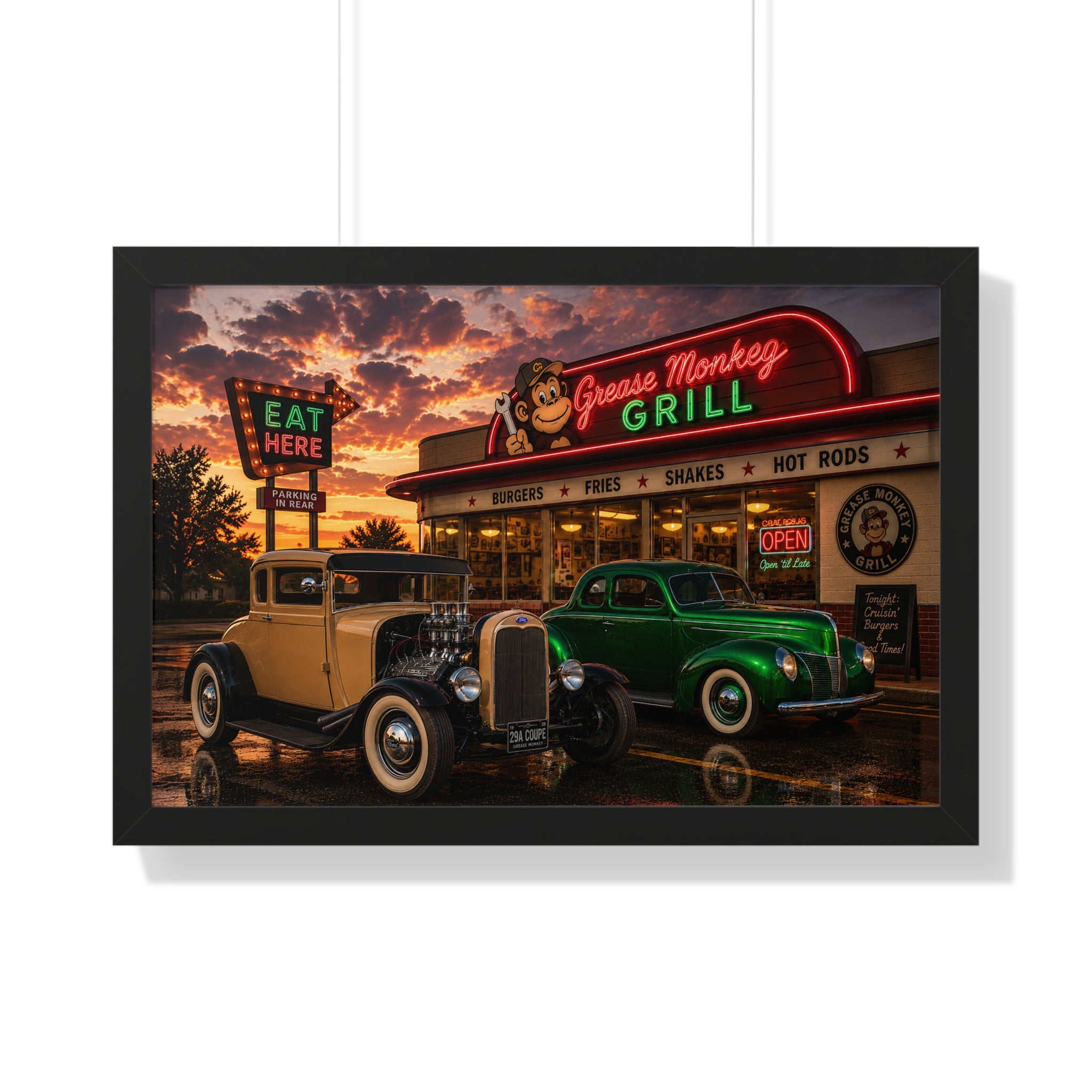 Vintage Diner Car Poster — Grease Monkey Grill Framed Horizontal Print