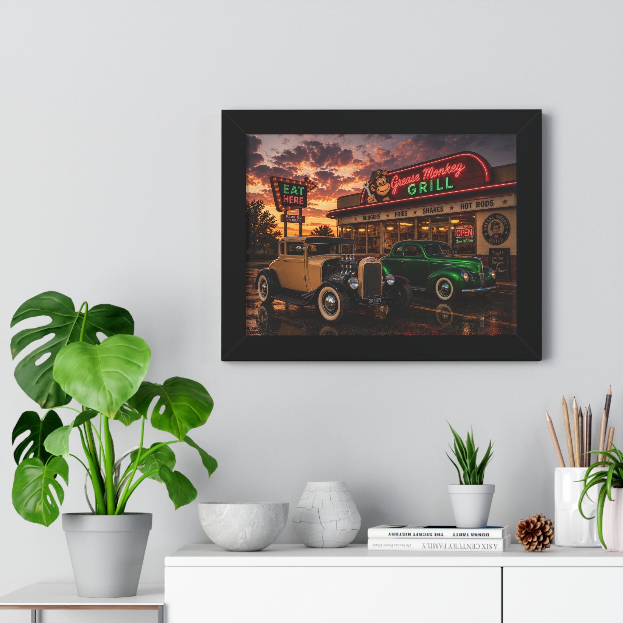 Vintage Diner Car Poster — Grease Monkey Grill Framed Horizontal Print