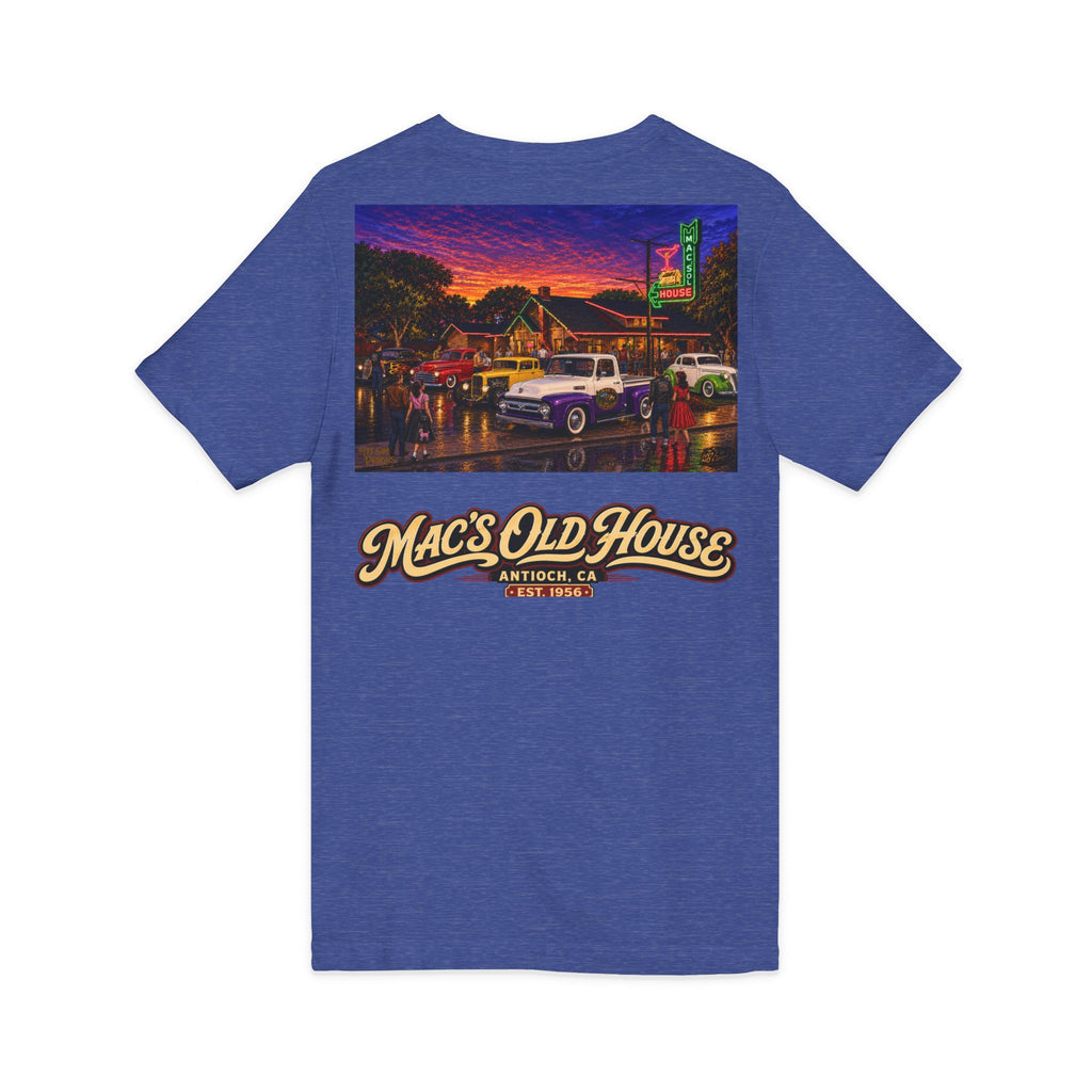 Mac's Old House V-Neck Tee — Retro Diner & Classic Cars Graphic Shirt